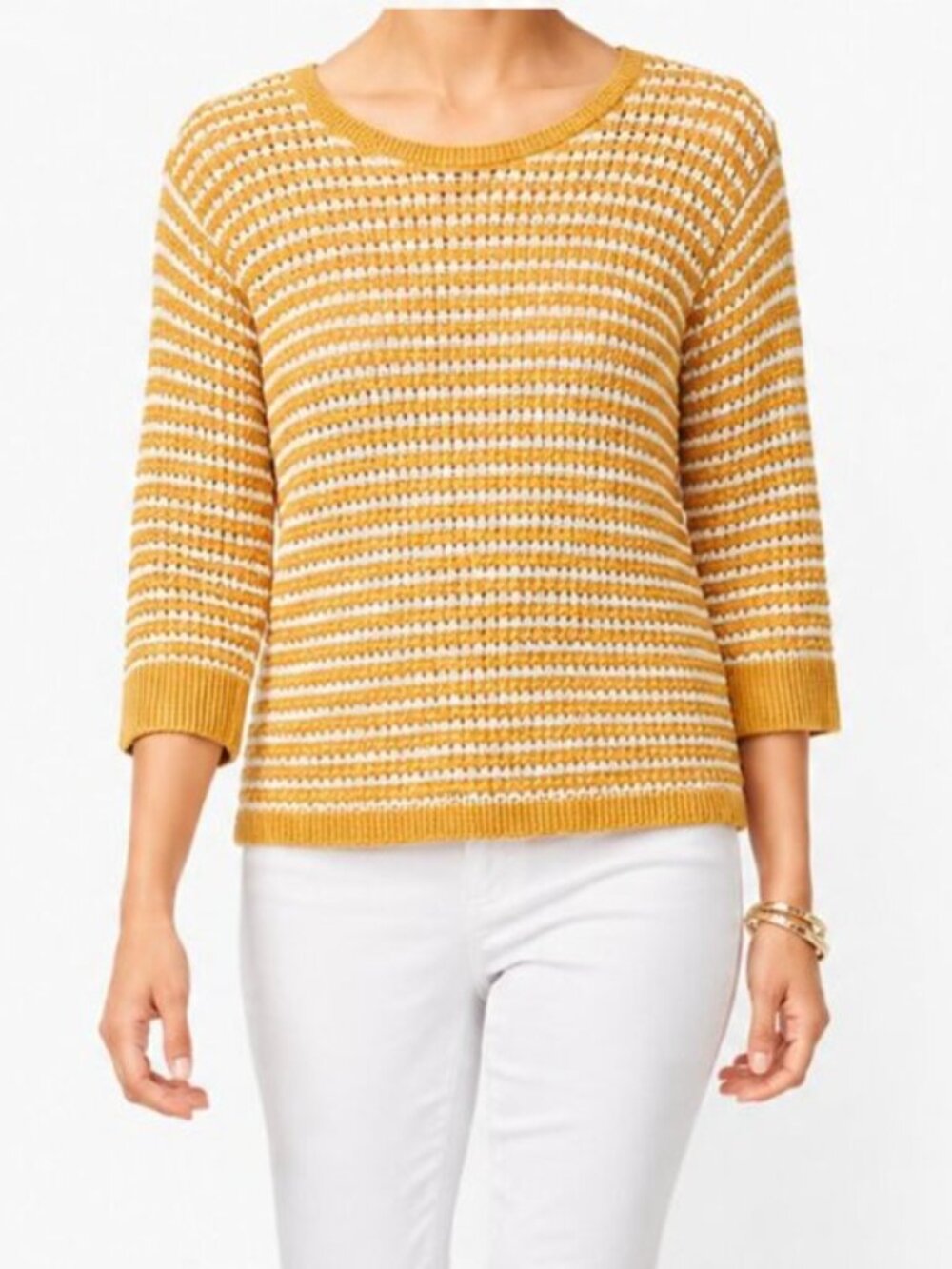 Talbots Open Stitching Yellow Striped 3/4 Sleeve Lightweight Sweater [size M]